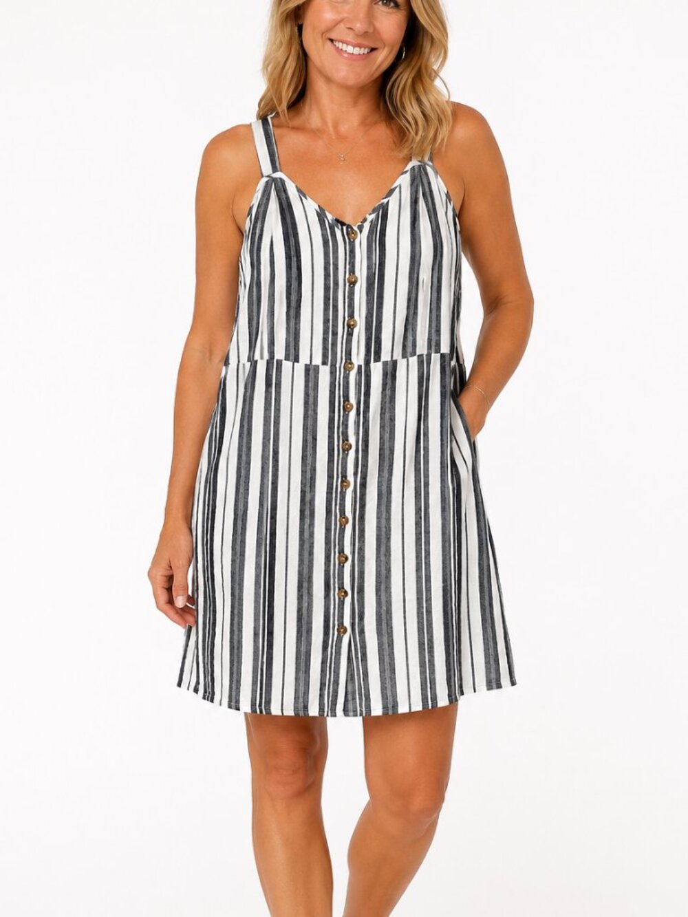 Terra & Sky Linen Blend‎ Striped Button Front Detail Dress 1X